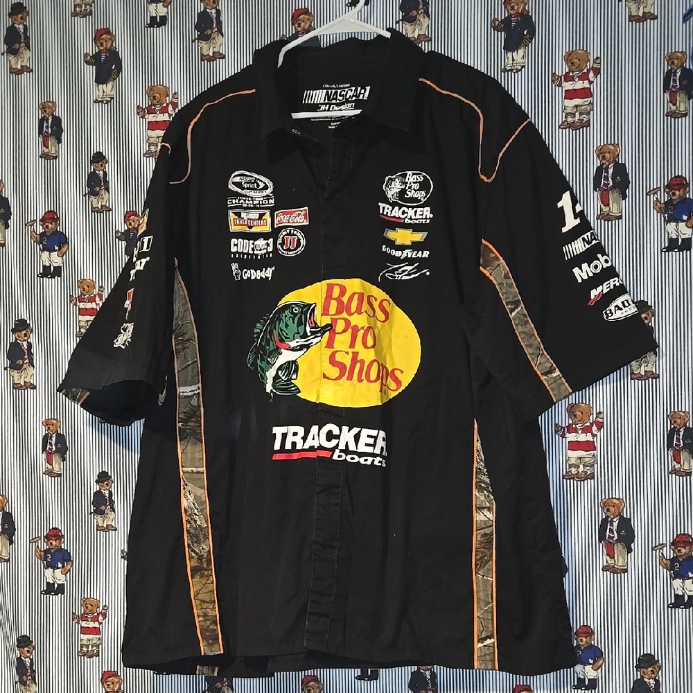 Nascar Bass Pro Shops JH Design Black Racing Camo Button Shirt Mens 2xl